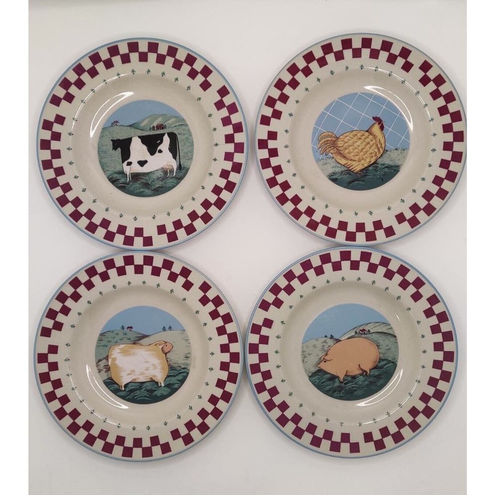 Tienshan Folk Art Dessert Salad Plates- Animals Checkered Rim 8" Set of 5